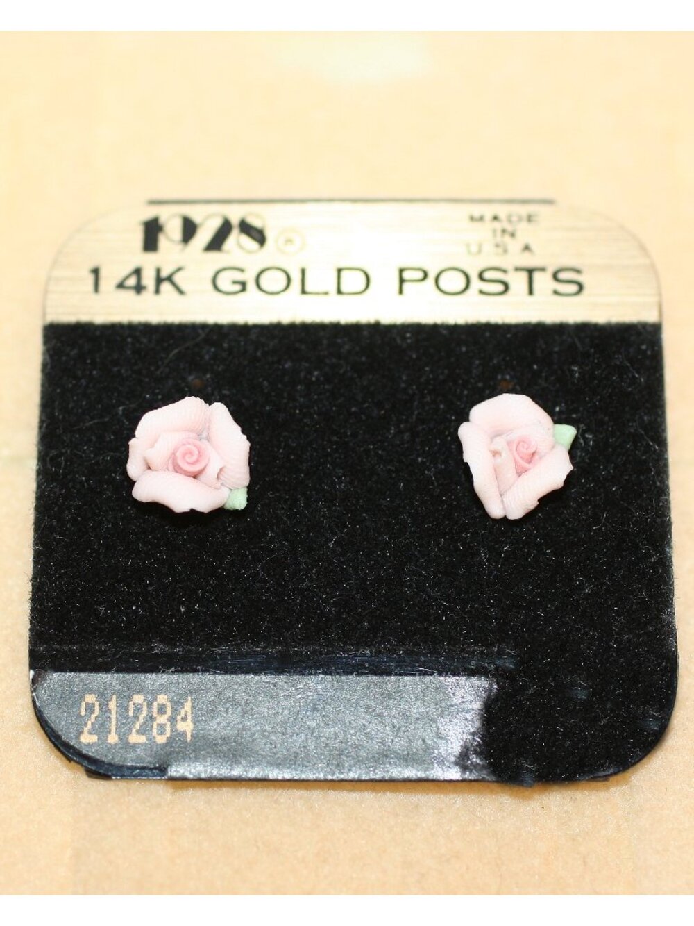Rose Pink Flower Porcelain 14K Gold Post Stud Pierced Earrings